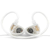 A pair of white wired in-ear headphones with flexible cables and connectors.