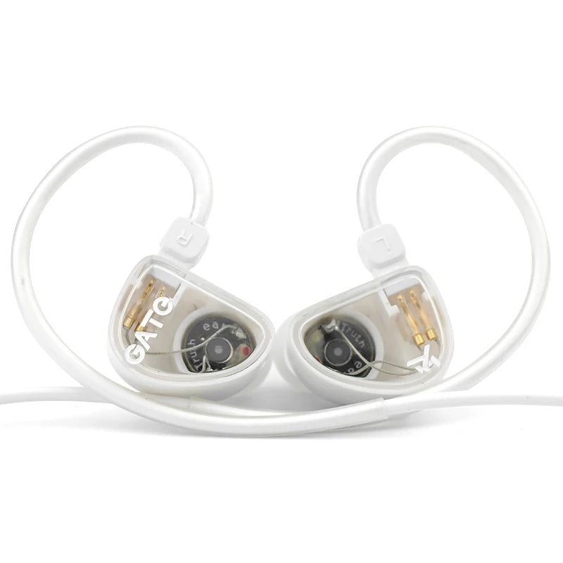 A pair of white wired in-ear headphones with flexible cables and connectors.