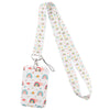 A white and pastel rainbow patterned lanyard with a silver clip and attached ID badge holder.