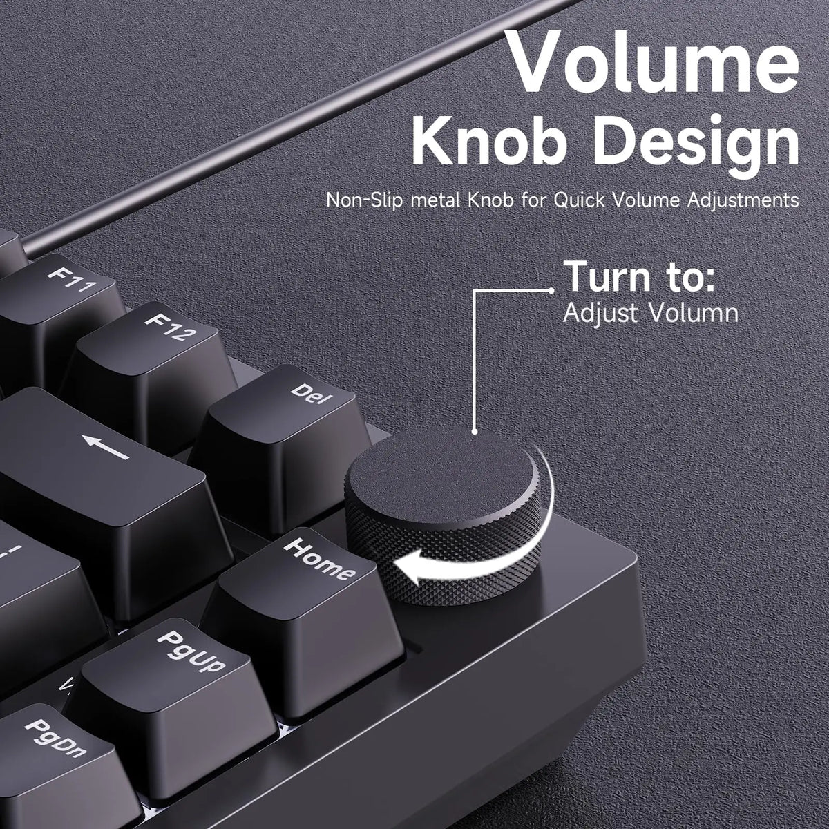 Close-up of a mechanical keyboard showing a volume knob design for quick volume adjustments