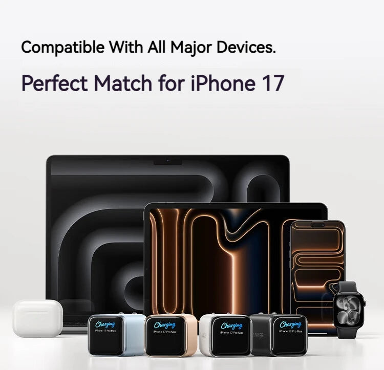 A set of charging cables and a smart display charger for an iPhone 17 device.
