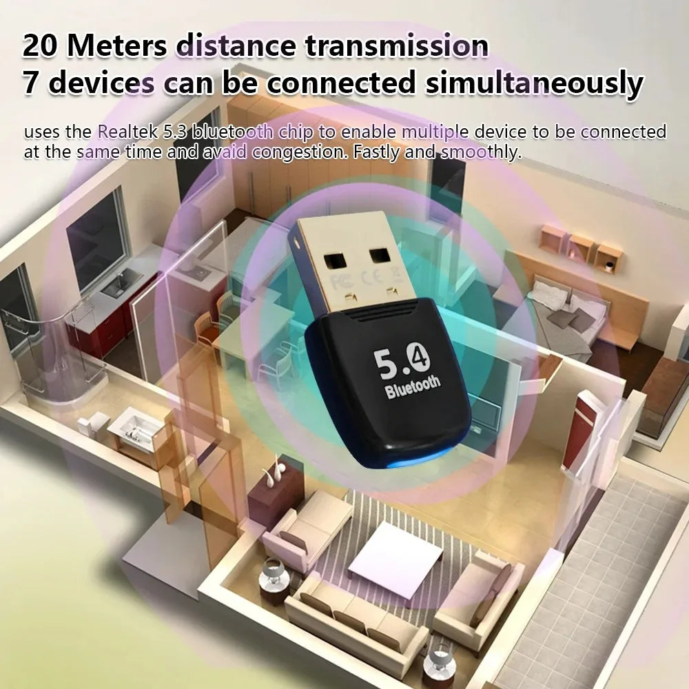 A device demonstrating 20 meters distance transmission and simultaneous connection of seven devices using a Bluetooth chip.