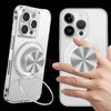 A clear magnetic phone ring holder and stand with a universal adapter shown next to a hand.