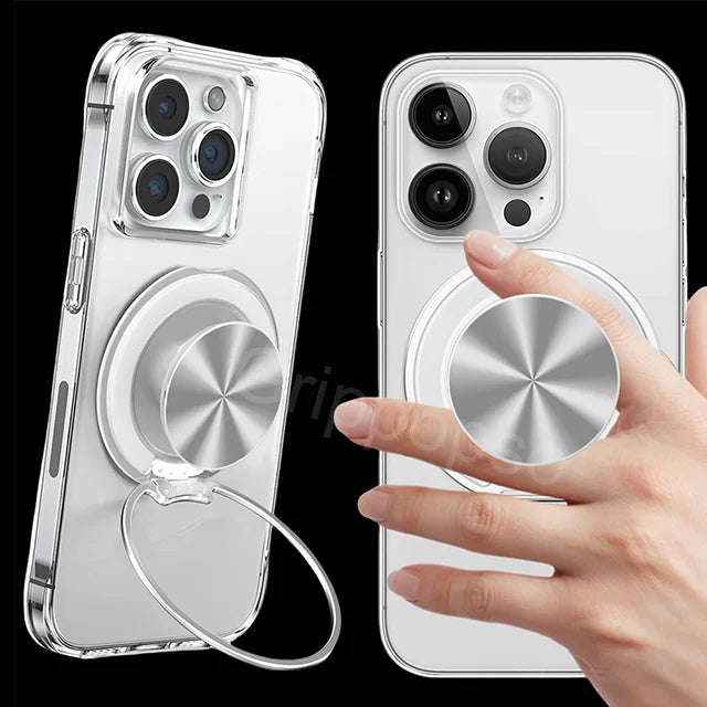 A clear magnetic phone ring holder and stand with a universal adapter shown next to a hand.