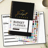 A black and white budget planner featuring a cover titled The Budget Planner and various budget tracking pages.