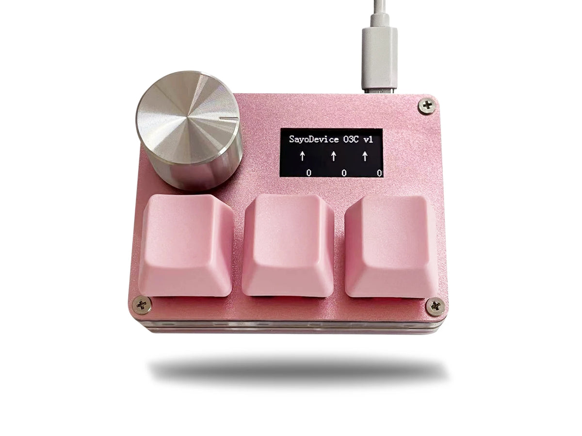 A pink electronic device with a silver knob and three square buttons is shown against a white background.