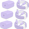 Three purple fast charging USB-C power adapters shown in various views and with cables.