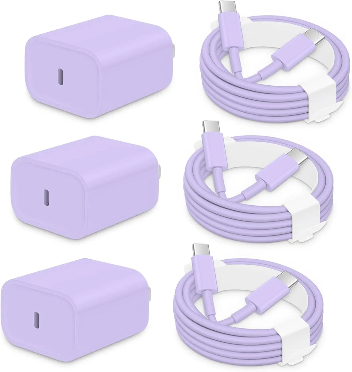 Three purple fast charging USB-C power adapters shown in various views and with cables.