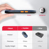 An ultra-slim black mouse mover device is shown being held by a hand, highlighting its thin design and dimensions.
