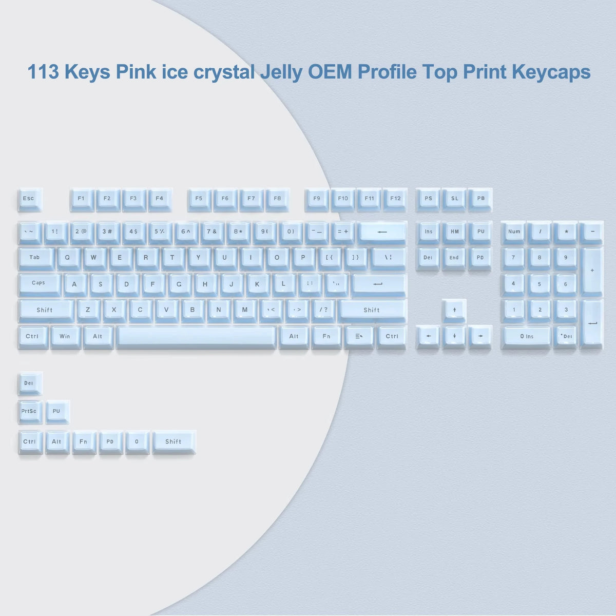 A set of 113 pink ice crystal OEM profile top print keycaps for mechanical keyboards.