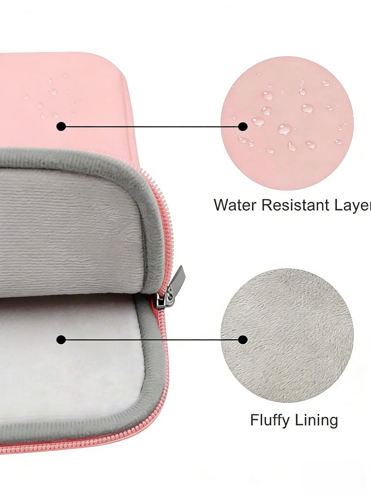 A pink laptop sleeve showing a water resistant layer and fluffy lining details.
