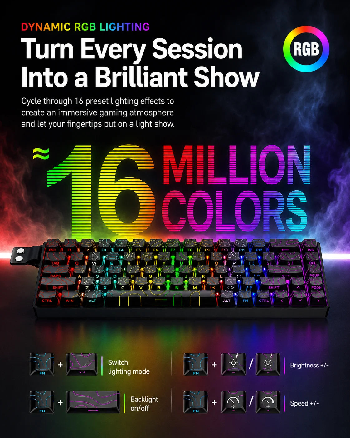 A close-up of a 68-key mechanical keyboard with RGB lighting, showcasing various lighting effects and color options.