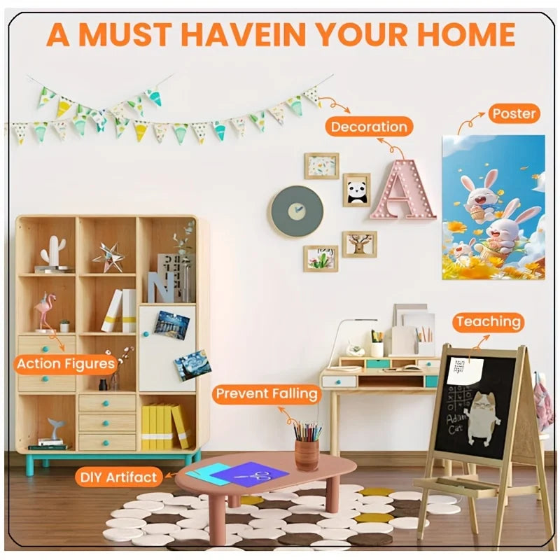 Une pièce décorée avec une bannière, des étagères, des affiches et des jouets, présentant des points décoratifs adhésifs doub