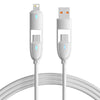 A white 4-in-1 fast charging data cable with multiple connectors shown against a white background.