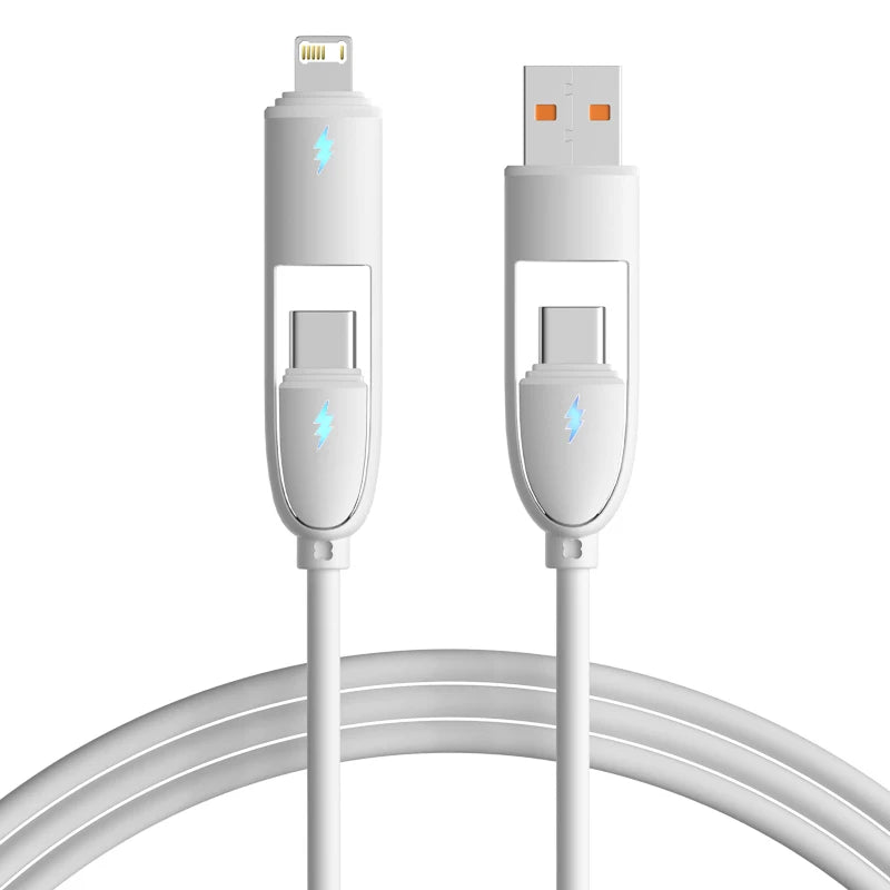 A white 4-in-1 fast charging data cable with multiple connectors shown against a white background.