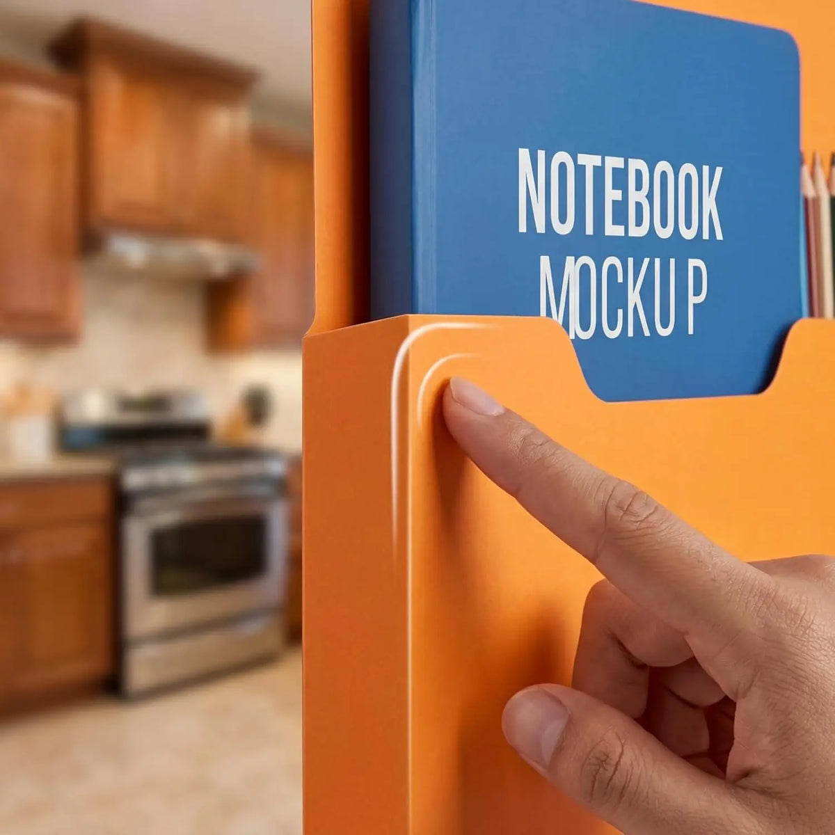A hand points to a blue notebook mockup displayed in an orange wall mount magnetic document file holder.