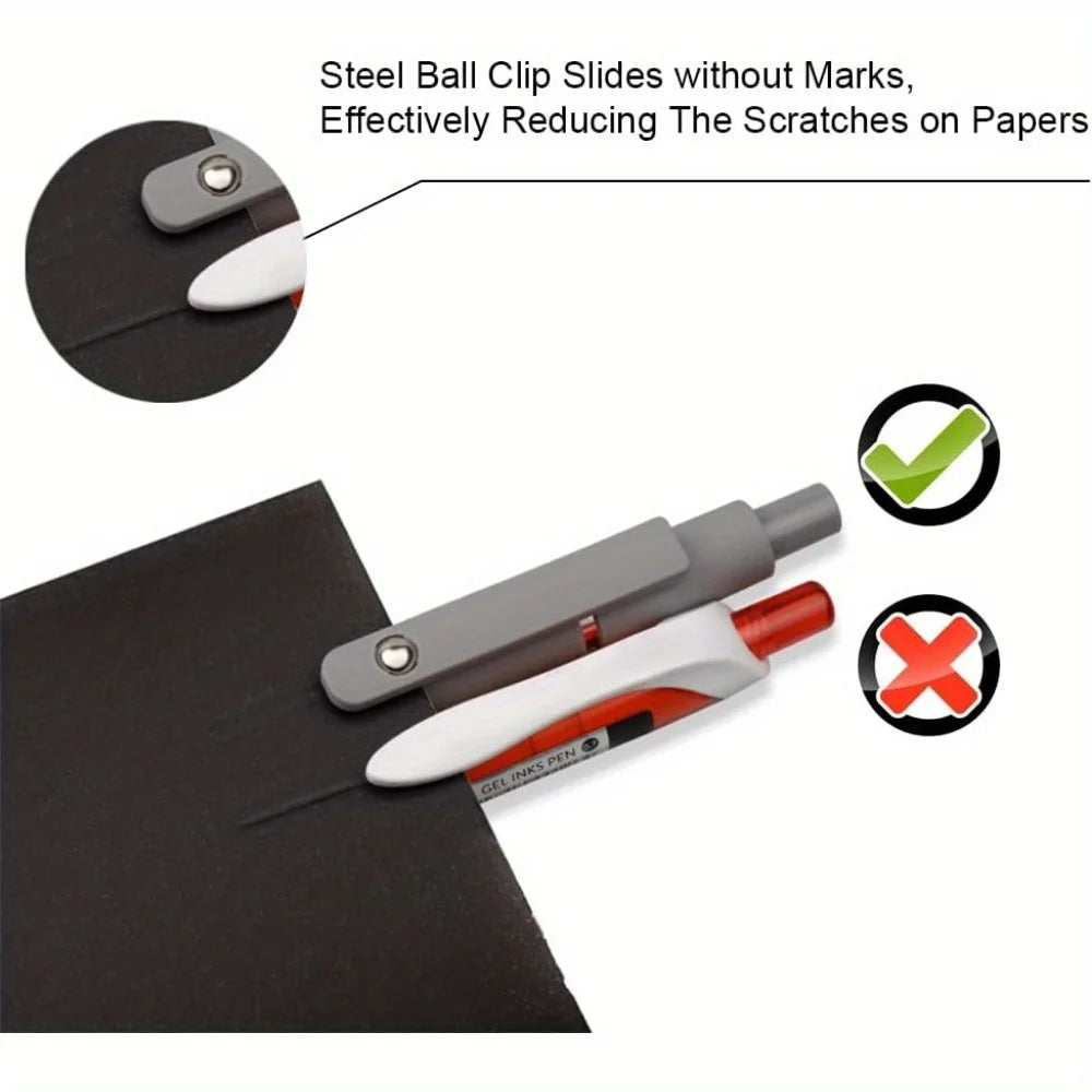 A steel ball clip slides without marks on papers, used to reduce scratches on documents.