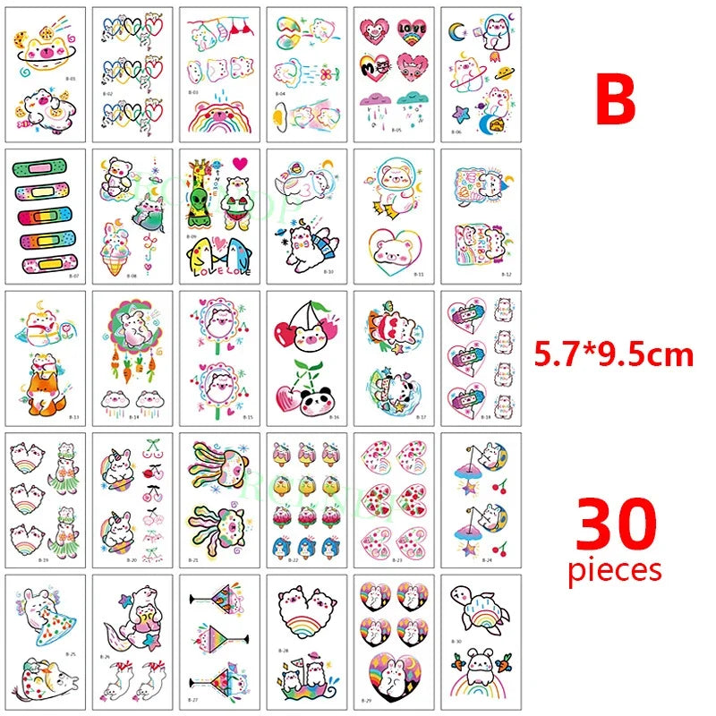 Colección de 30 pegatinas temporales multi-diseño con ilustraciones lindas y coloridas.