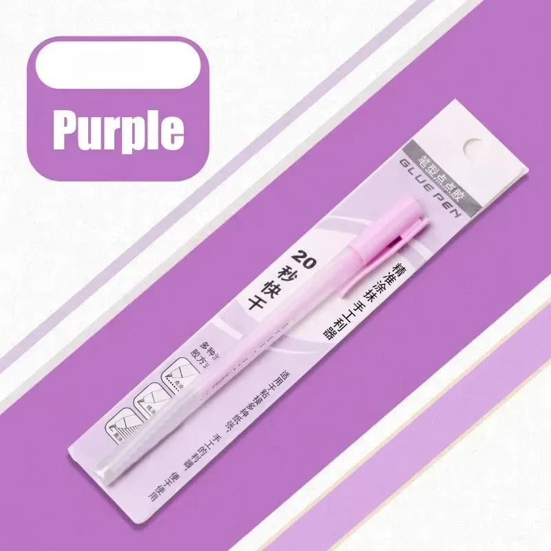 A pink glue pen is shown against a purple background with a purple logo, indicating a product for crafting.