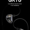 A pair of GATE cost-effective dynamic driver in-ear headphones shown against a black background.
