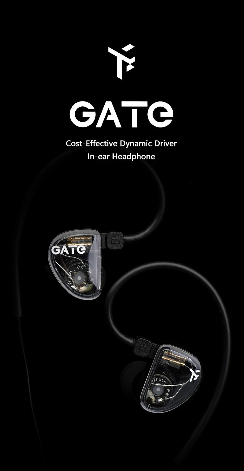 A pair of GATE cost-effective dynamic driver in-ear headphones shown against a black background.