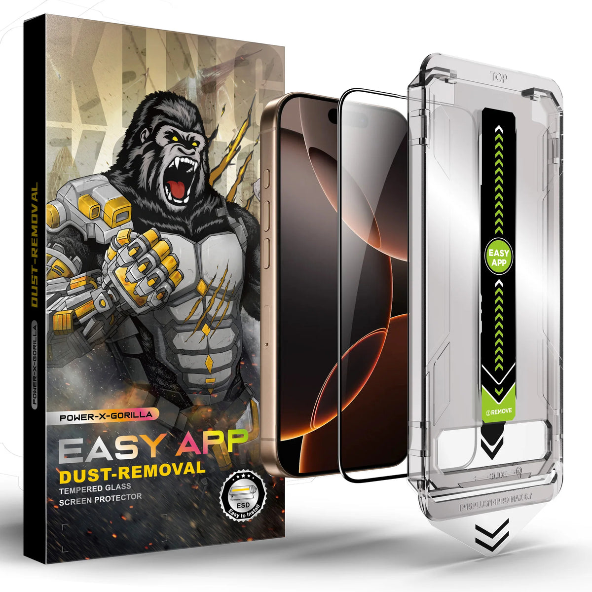 Un juego de tres protectores de pantalla transparentes y una caja de embalaje para un iPhone, demostrando la fácil eliminació