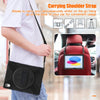 A black universal shockproof silicone case for an iPad is shown being carried on a shoulder strap.