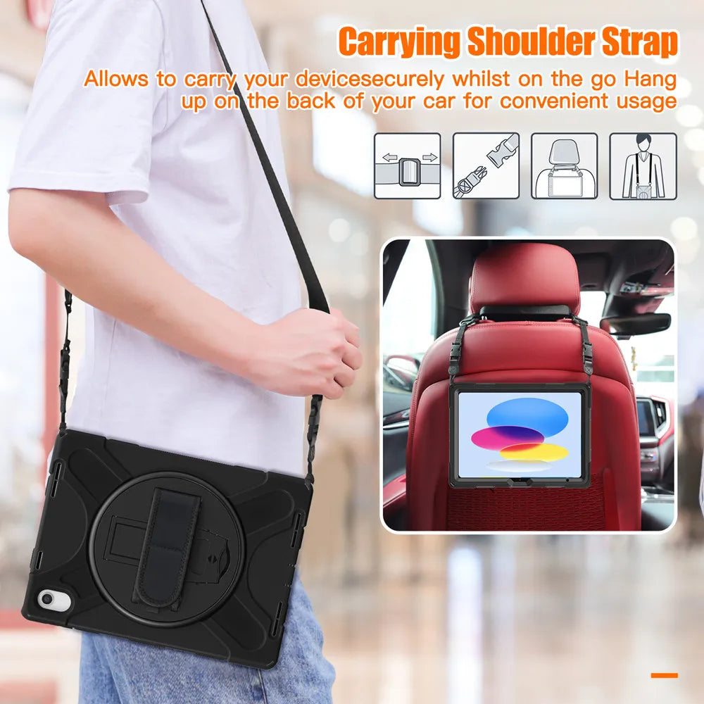 A black universal shockproof silicone case for an iPad is shown being carried on a shoulder strap.