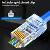 Nahaufnahme einer goldvergoldeten Chip und eines RJ45 CAT6 Kristall-Ethernet-Steckers mit mehreren farbigen Pins.