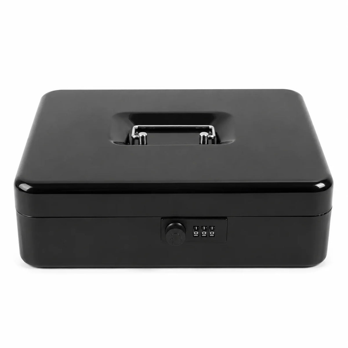 A black secure metal money box with a hinged lid and a small control panel on the front.
