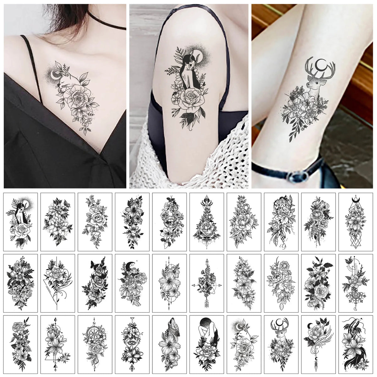 Colección de pegatinas temporales multi-diseño con motivos florales, animales y de la naturaleza.