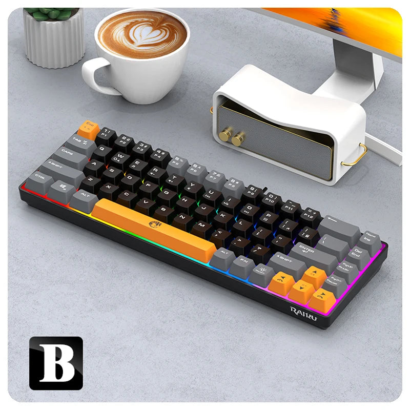 A black 68-key mechanical gaming keyboard with colorful keycaps and RGB lighting is shown next to a white leather case and a 