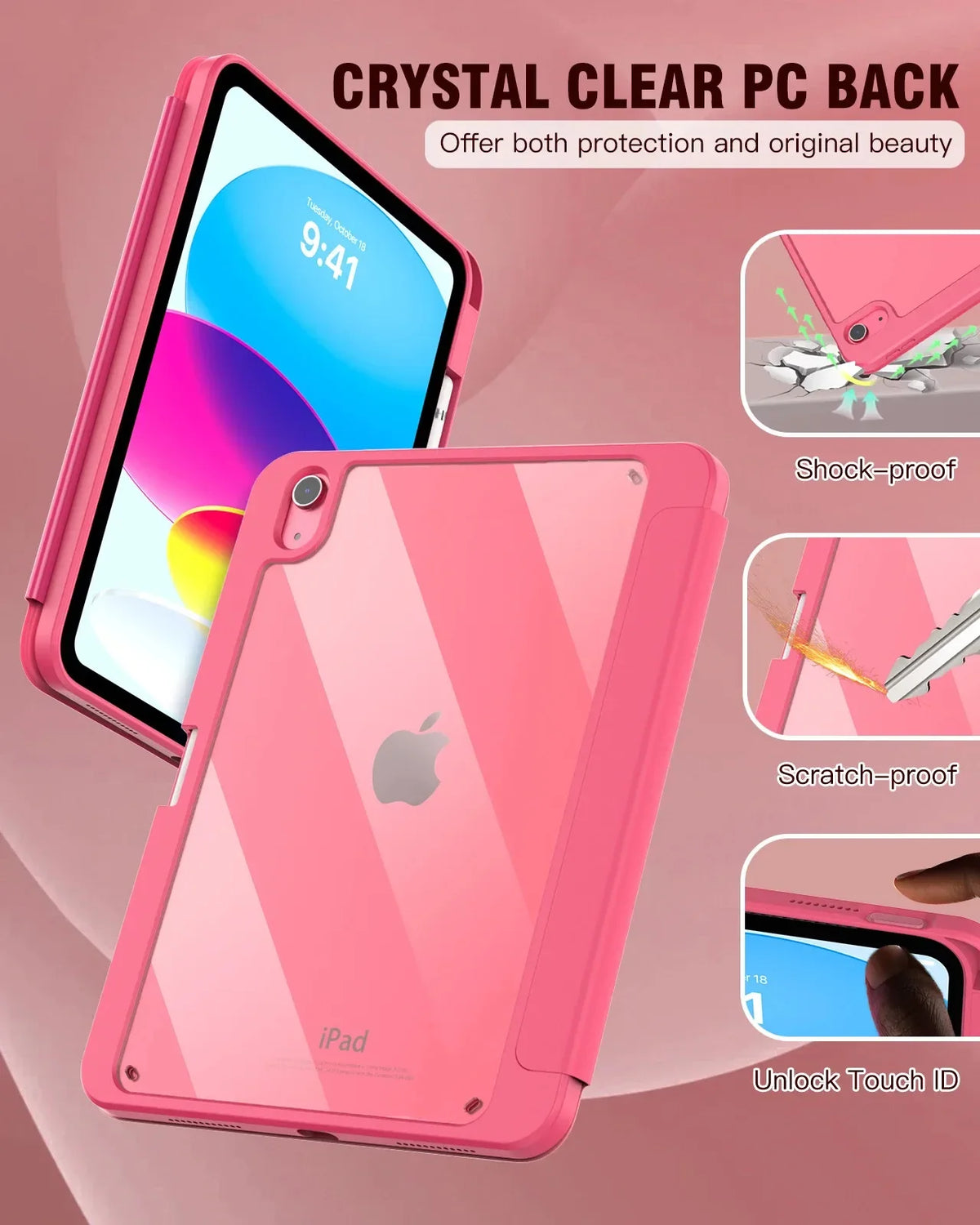 A pink crystal clear PC back hybrid case for an iPad, showing protection features like shock-proof and scratch-proof.