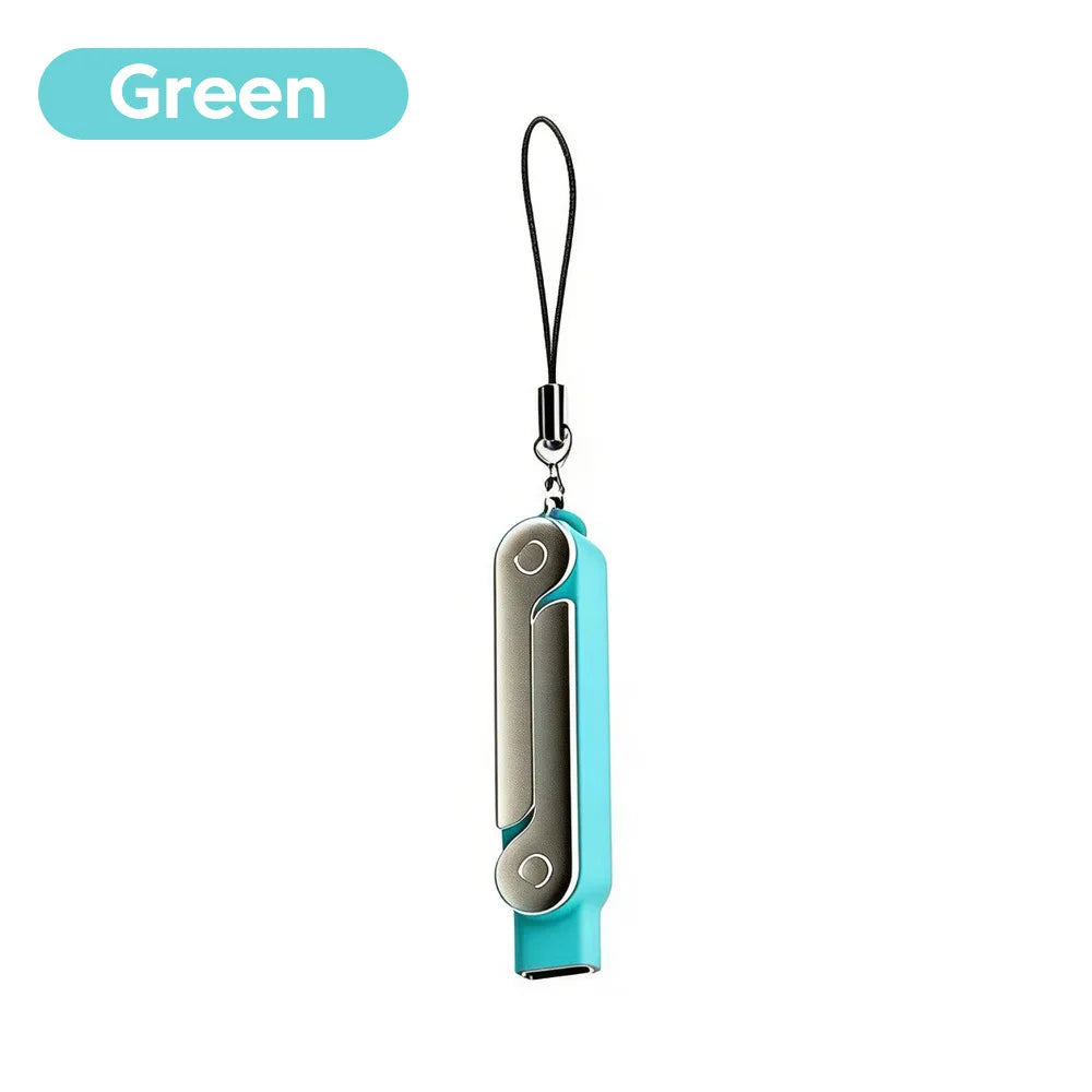 A teal USB-C adapter with a foldable stand and keychain attached.
