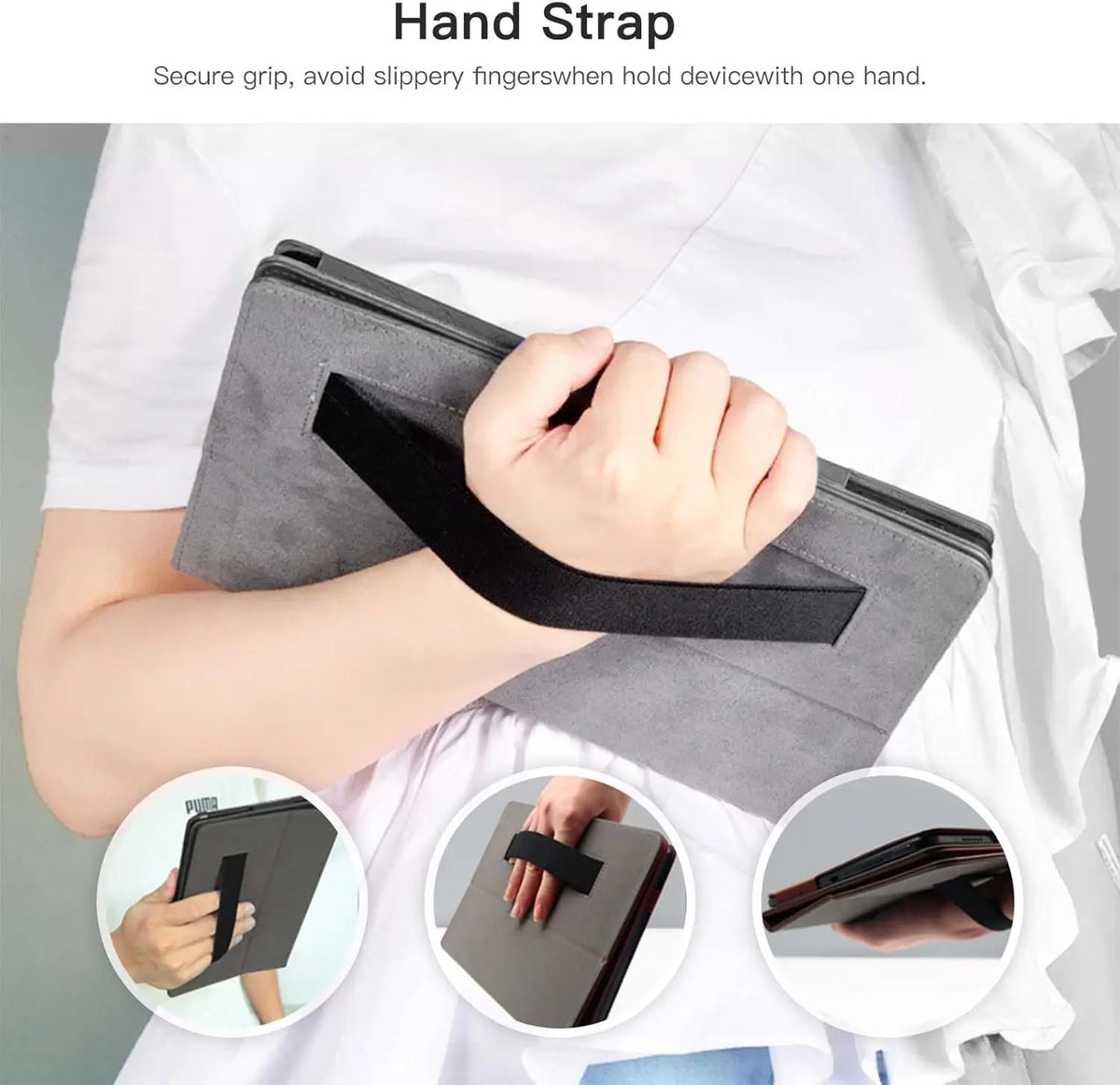 A hand holds a gray handheld drawing pad case designed to secure grip for holding a device with one hand.