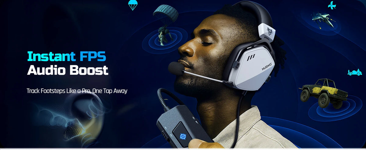 A man wearing a white gaming headset is using a device to boost audio, with sound waves visible around him.