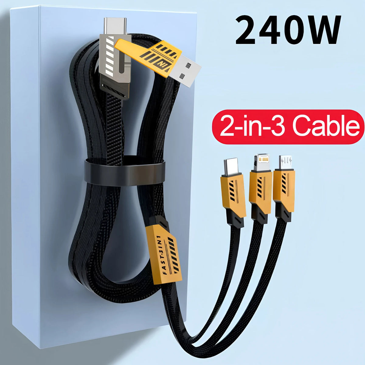 A black 2-in-3 multi-USB fast charging cable with yellow connectors plugged into a blue power adapter.