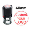 A black self-inking stamp with a clear cylinder and a red cap, labeled 40mm, for custom logo printing.