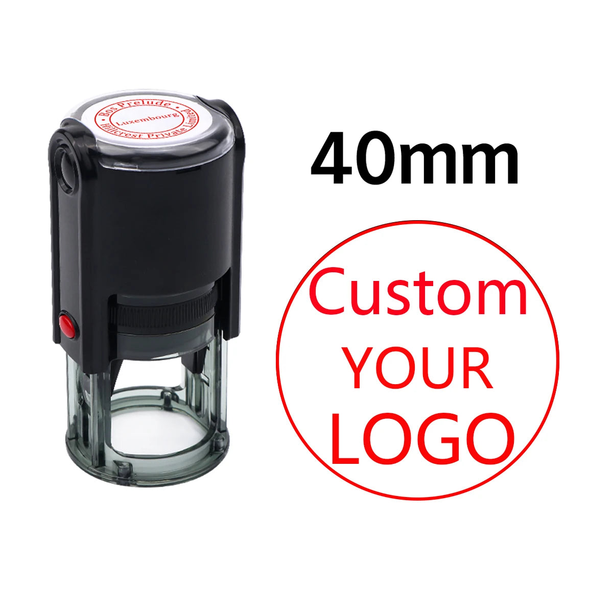 A black self-inking stamp with a clear cylinder and a red cap, labeled 40mm, for custom logo printing.