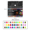 A set of 36 fine line marker pens with 0.4mm tips displayed in a color palette.