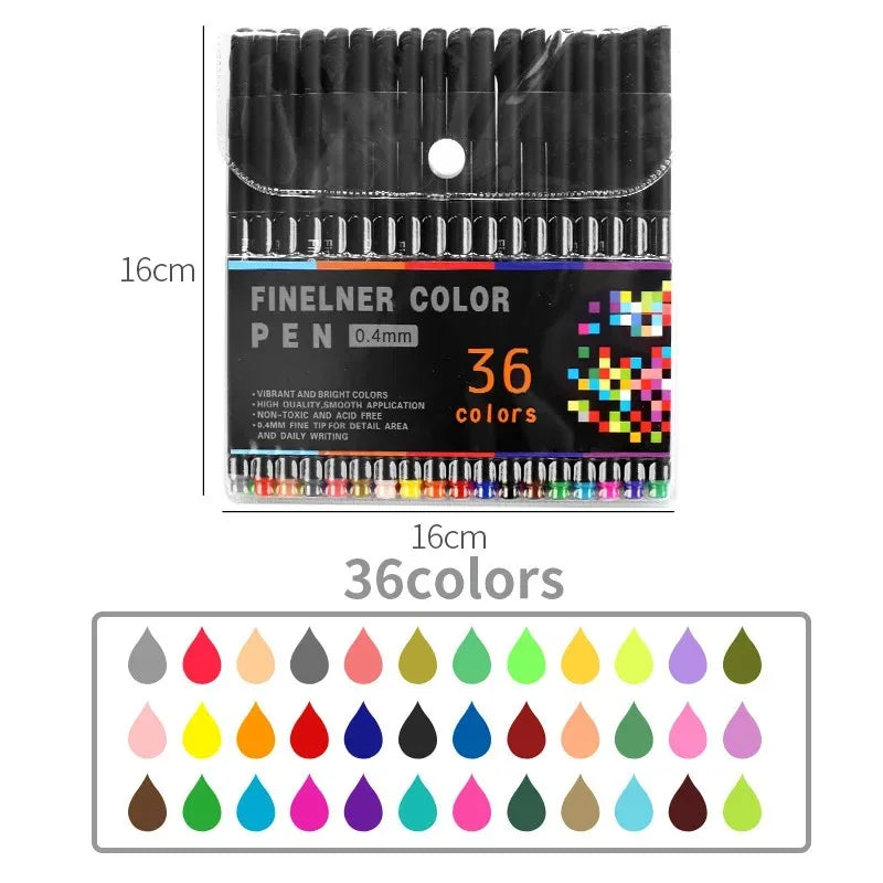A set of 36 fine line marker pens with 0.4mm tips displayed in a color palette.