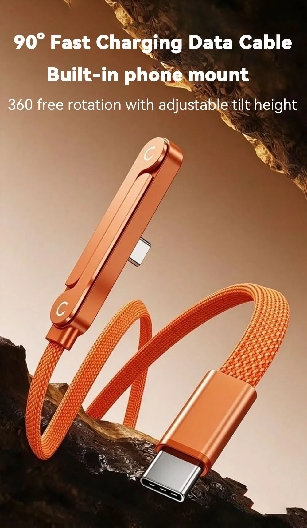 An orange data cable with a built-in phone mount is shown coiled around a piece of wood.