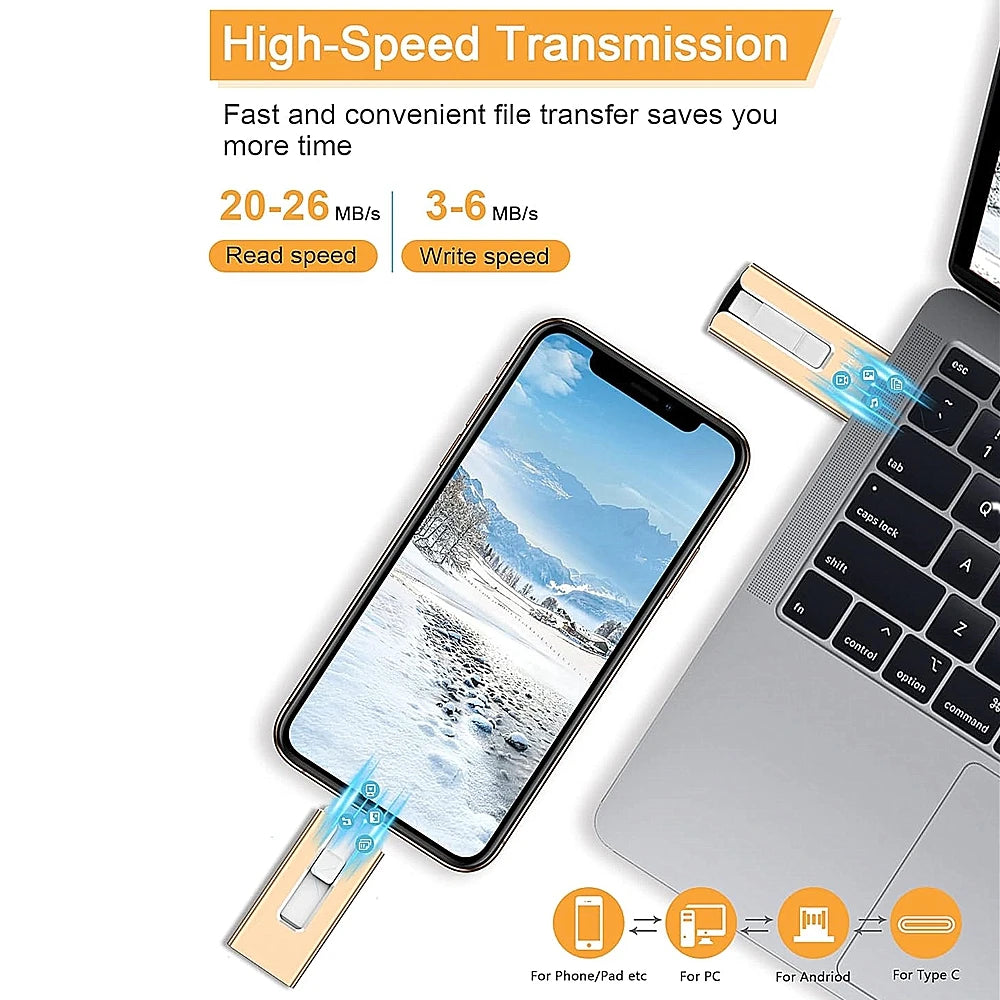 Una memoria USB de alta velocidad se usa para transferir archivos entre un smartphone y una laptop.