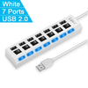 White 7 Ports USB 2.0 hub with a cable connector.
