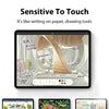A close-up of a tablet screen showing writing and drawing tools, demonstrating the sensitive touch feature.