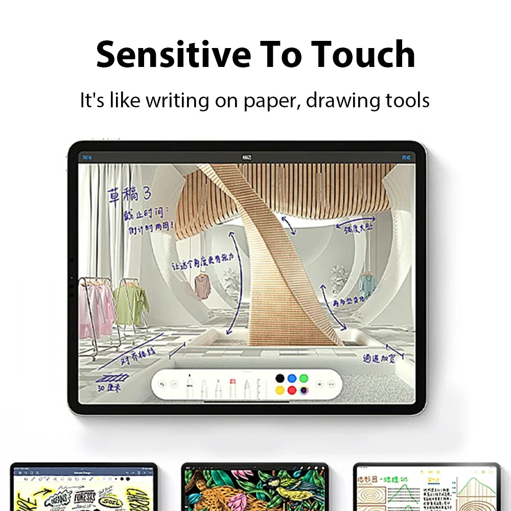 A close-up of a tablet screen showing writing and drawing tools, demonstrating the sensitive touch feature.