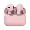 A pink charging case for true wireless earbuds with two buds visible inside.