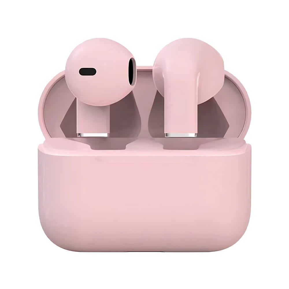 A pink charging case for true wireless earbuds with two buds visible inside.