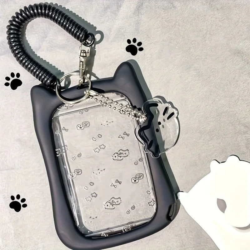 Schwarzes Silikon-Katzen-Anhänger-Leser mit klarer Plastikkarte und kleiner Katzen-Anhänger.