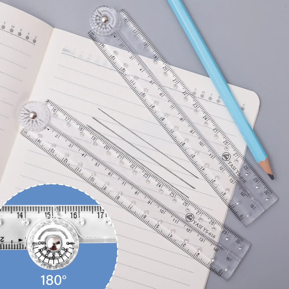A foldable acrylic geometry ruler set with a 180 degree angle shown next to a pencil on lined paper.